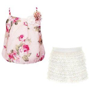 Baby Sara New NWT Girls Pink Floral Top and Tiered Lace Ivory Shorts Set